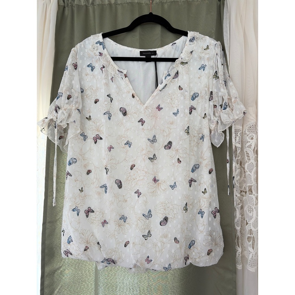 Tamarah H. Blouse Womens XL White NWT Butterfly Floral Print Clip Dot Ruffle Top